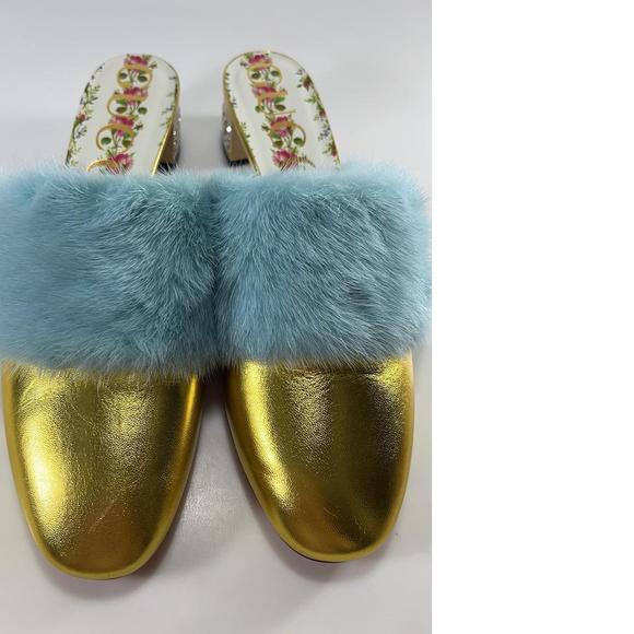 Gucci 41 Gold Metallic Aqua Mink Fur Crystal Heel Mules Slides D888 - Picture 3 of 12